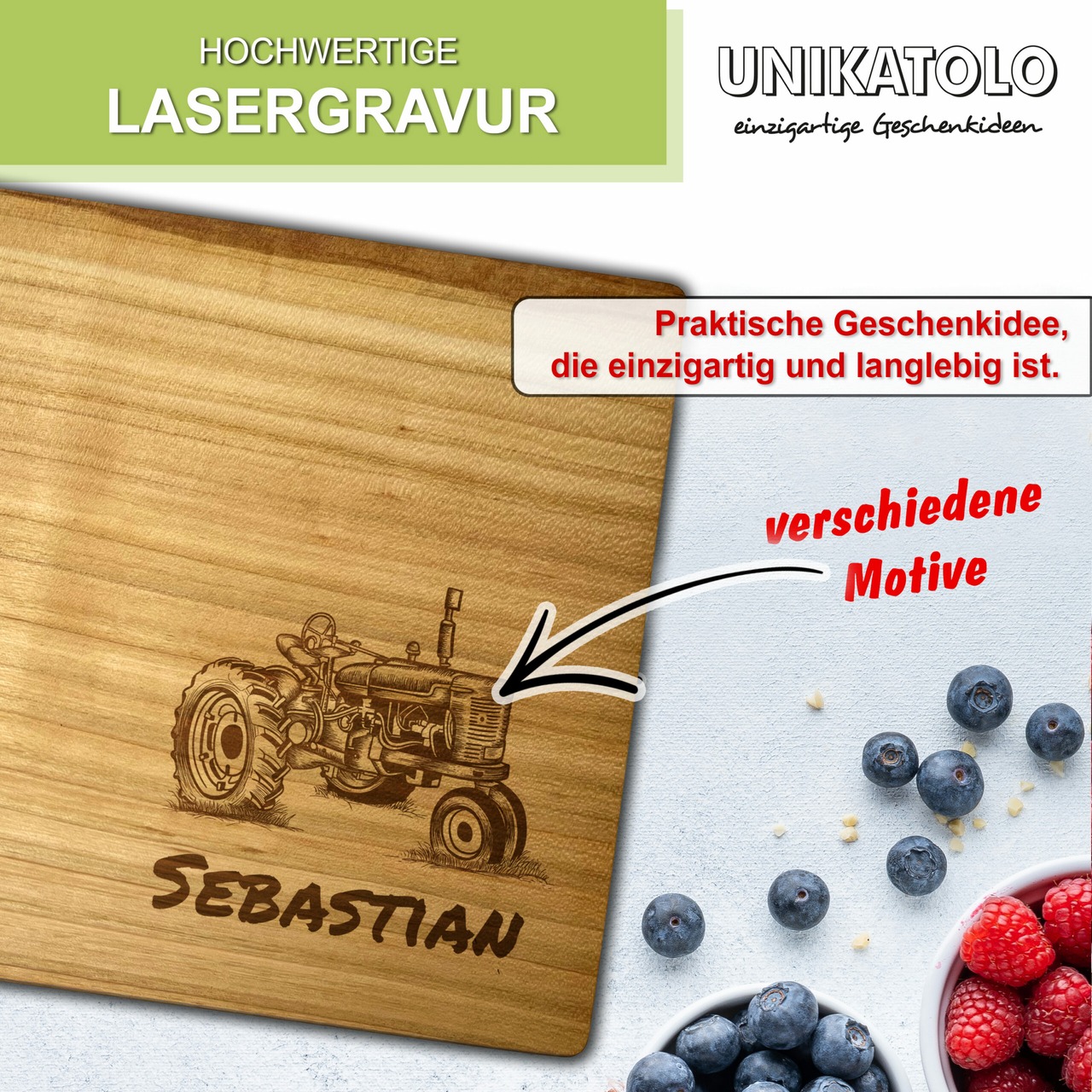 Unikatolo Herz Schneidebrett Kirschholz mit Name + Traktor