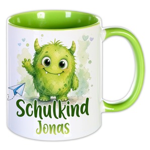 Unikatolo Tasse Schulkind Monster mit Name personalisiert GRÜN