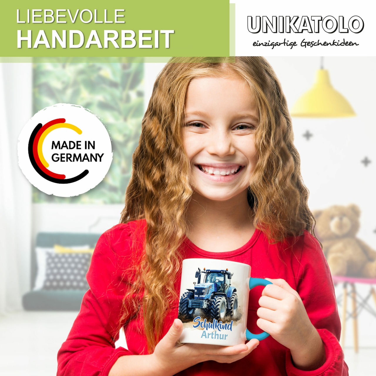 Unikatolo Tasse Schulkind Traktor und Name personalisiert BLAU