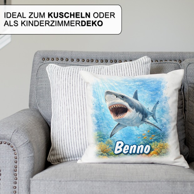 Personalisiertes Kissen mit Hai und Name bedruckt