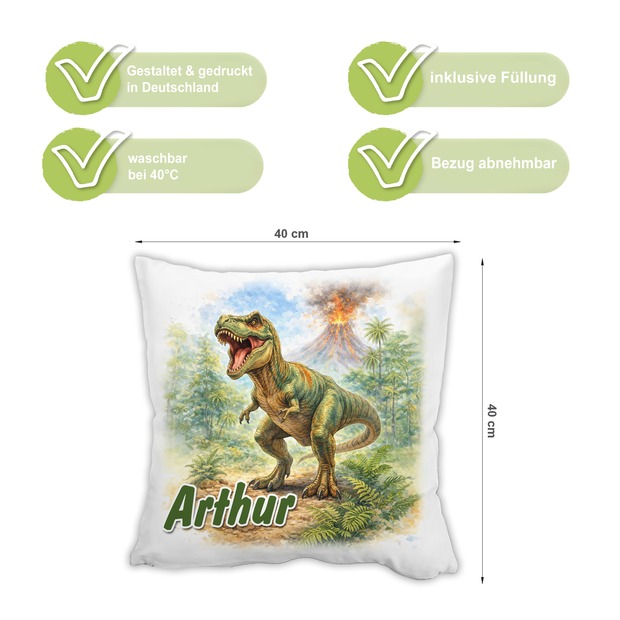 Personalisiertes Kissen mit T-Rex und Name bedruckt