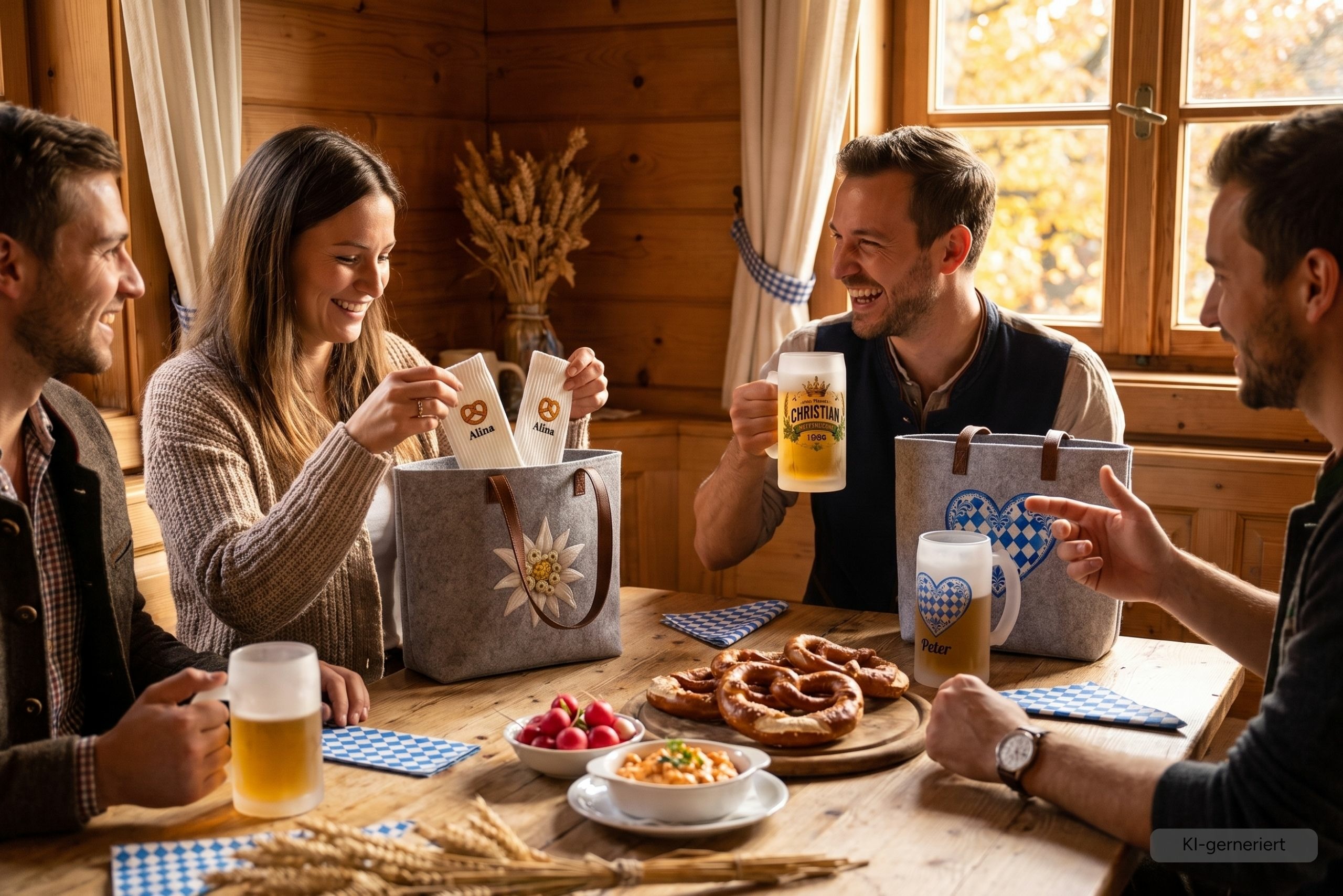Personalisierte Oktoberfest Mitbringsel mit Filztaschen, Bierkr&uuml;gen und Socken bei einer gem&uuml;tlichen Wiesn-Party | &copy;geschenke-personalisiert.de