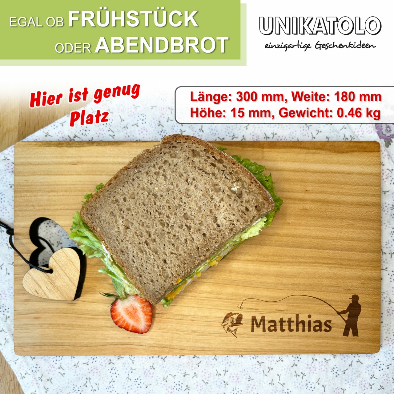 Unikatolo Herz Schneidebrett Kirschholz mit Name + Angler