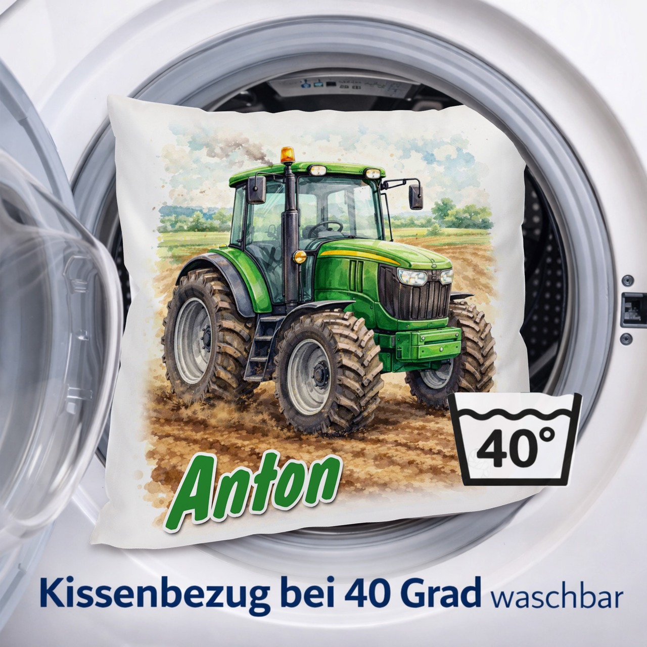Personalisiertes Kissen mit Traktor und Name bedruckt