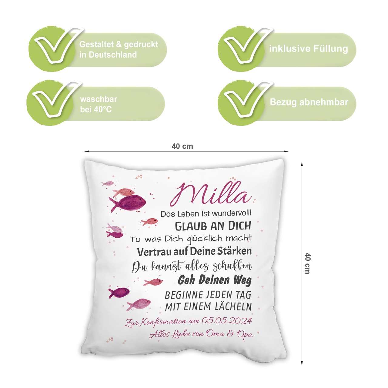 Unikatolo Kissen Konfirmation Jugendweihe PINK mit Name personalisiert