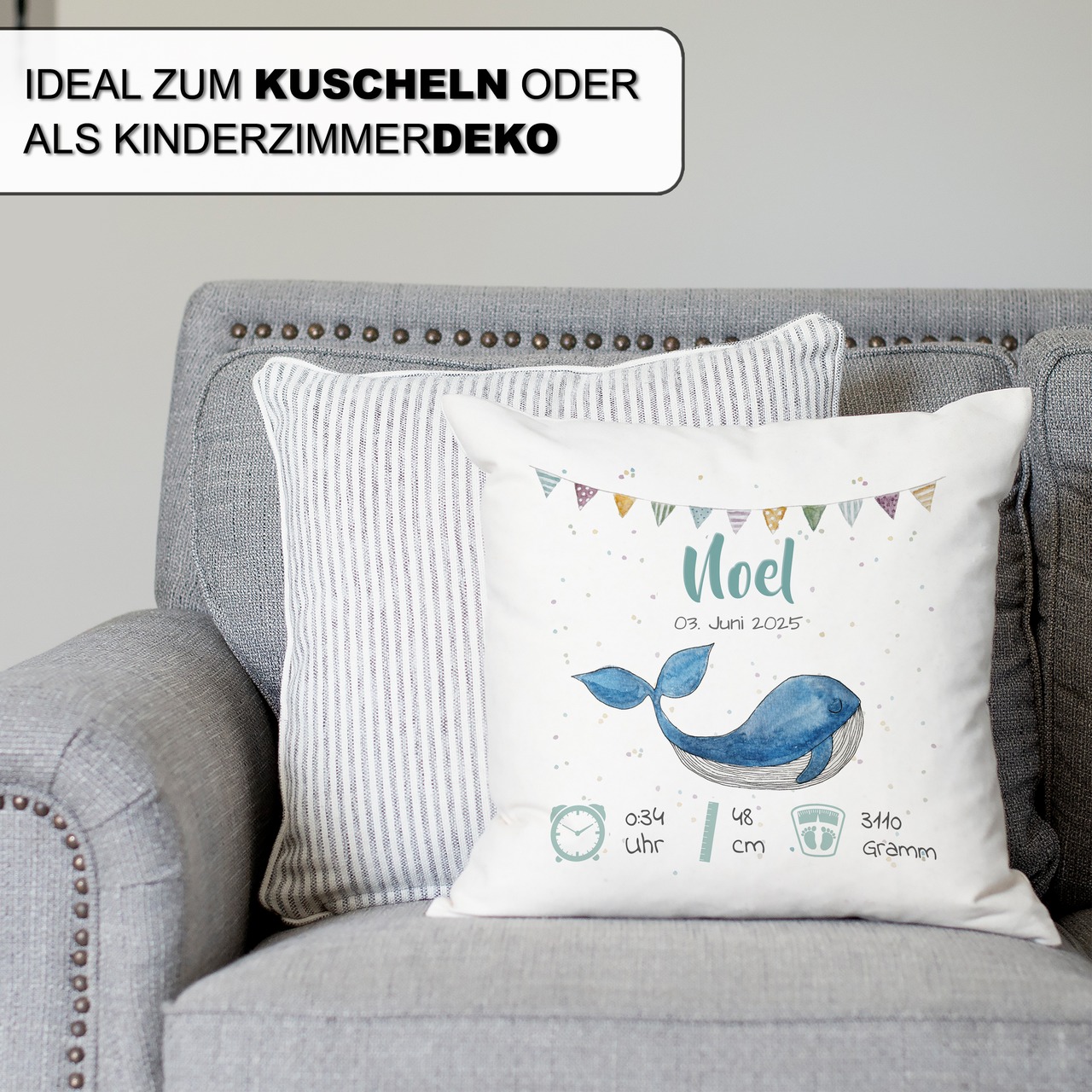 Personalisiertes Kissen zur Geburt mit Geburtsdaten | Wal
