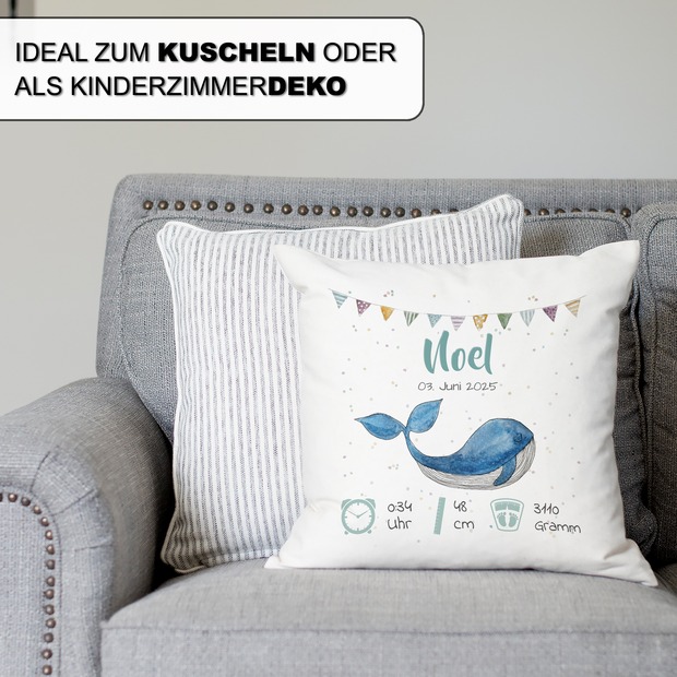Personalisiertes Kissen zur Geburt mit Geburtsdaten | Wal