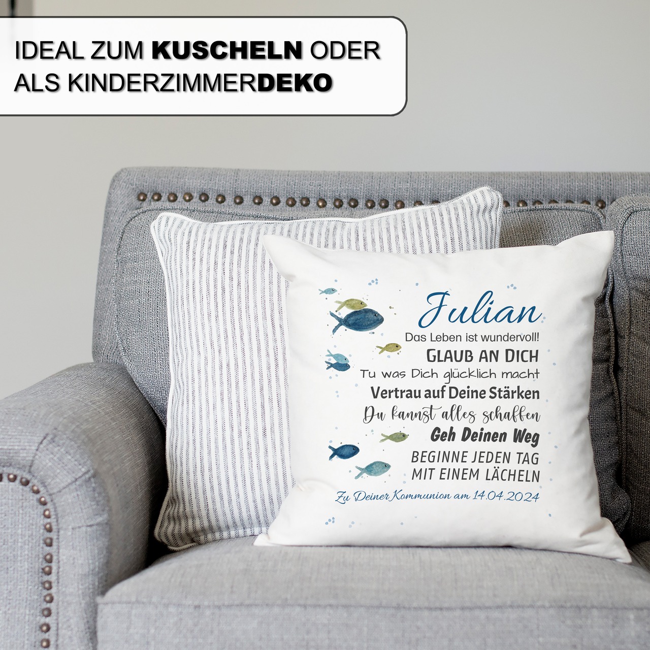 Unikatolo Kissen Konfirmation Jugendweihe BLAU mit Name personalisiert