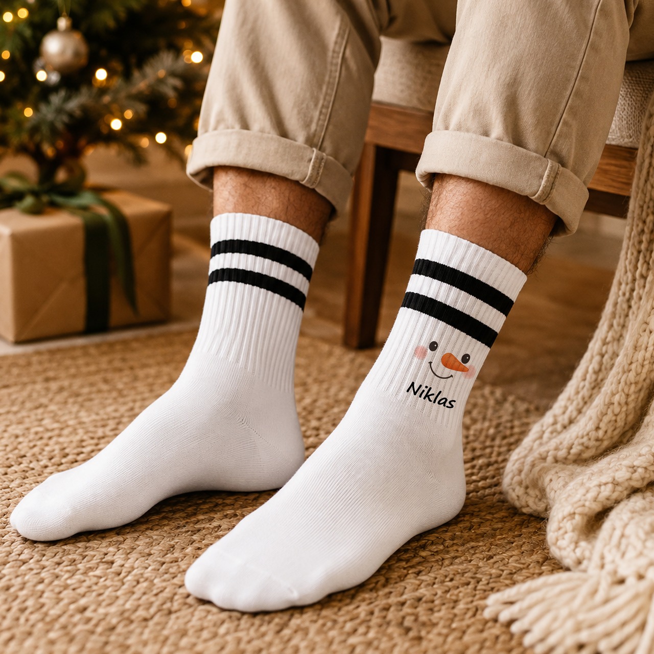 Weihnachtssocken Schneemanngesicht mit Name