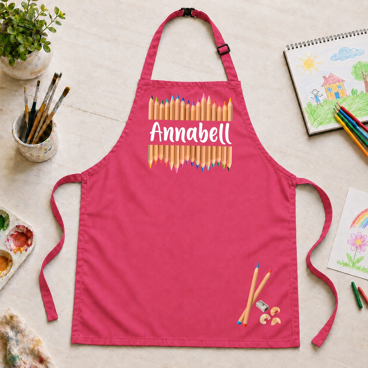 Unikatolo Kinderschürze Buntstifte mit Name personalisiert | PINK