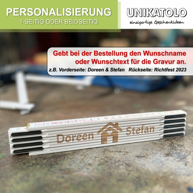 Unikatolo Zollstock weiß Hausbau mit Namen graviert