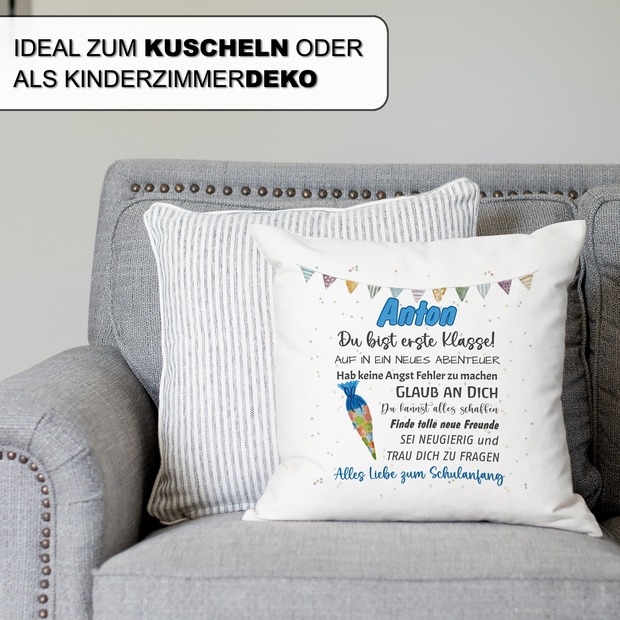 Unikatolo Kissen Schulkind blau mit Name personalisiert
