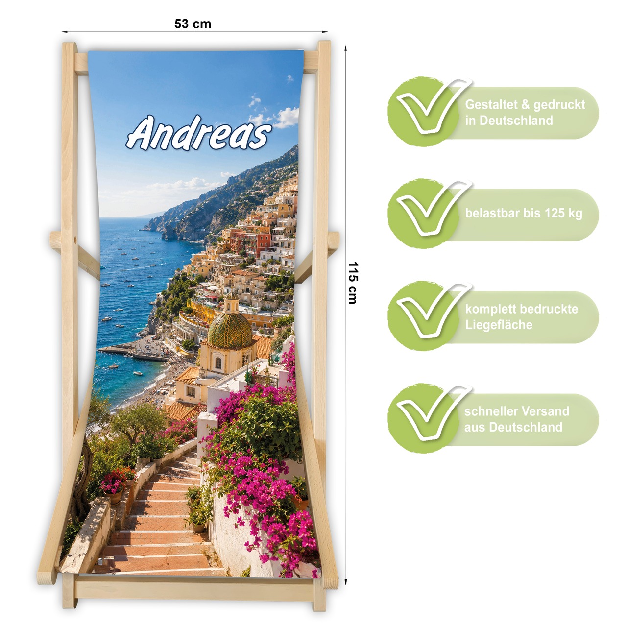 Unikatolo Liegestuhl mit Küstenmotiv und Name personalisiert | Italien