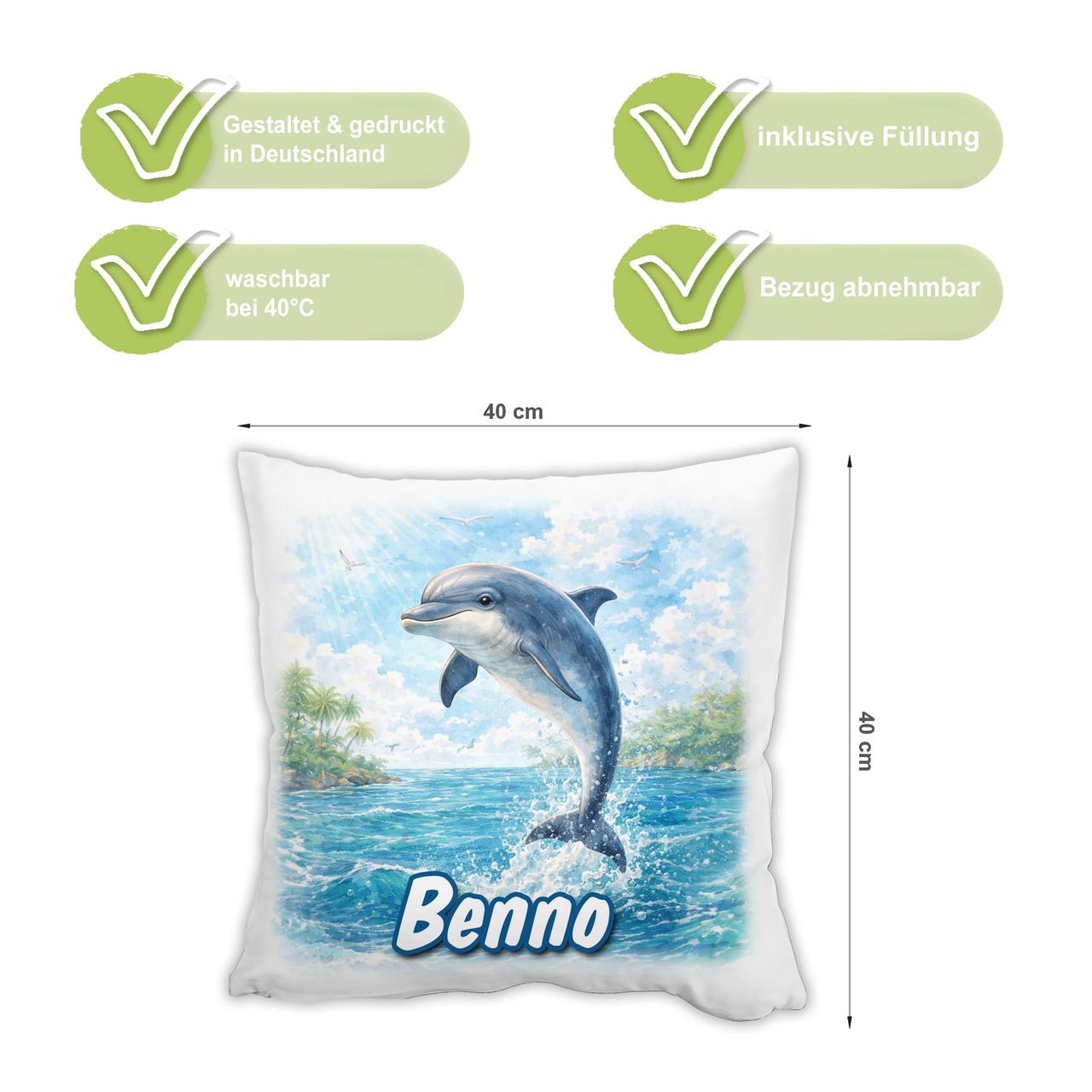 Personalisiertes Kissen mit Delfin und Name bedruckt