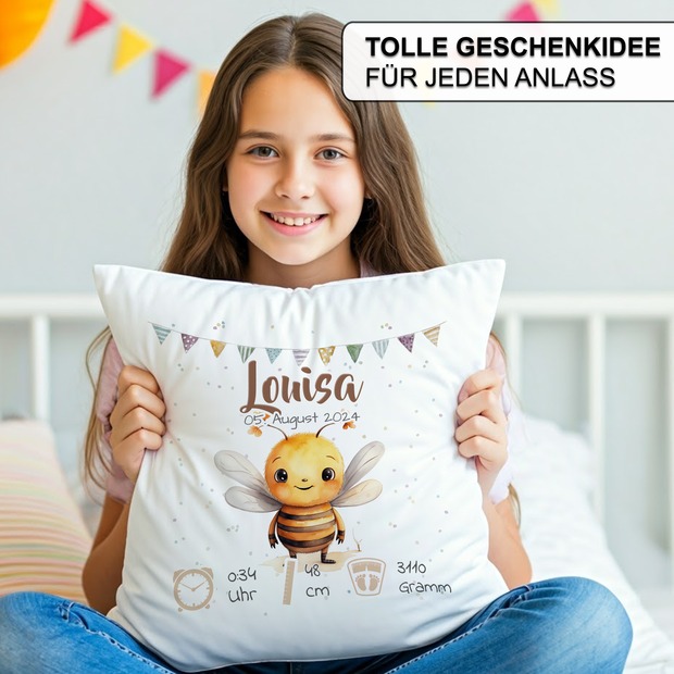 Personalisiertes Kissen zur Geburt mit Geburtsdaten | Biene
