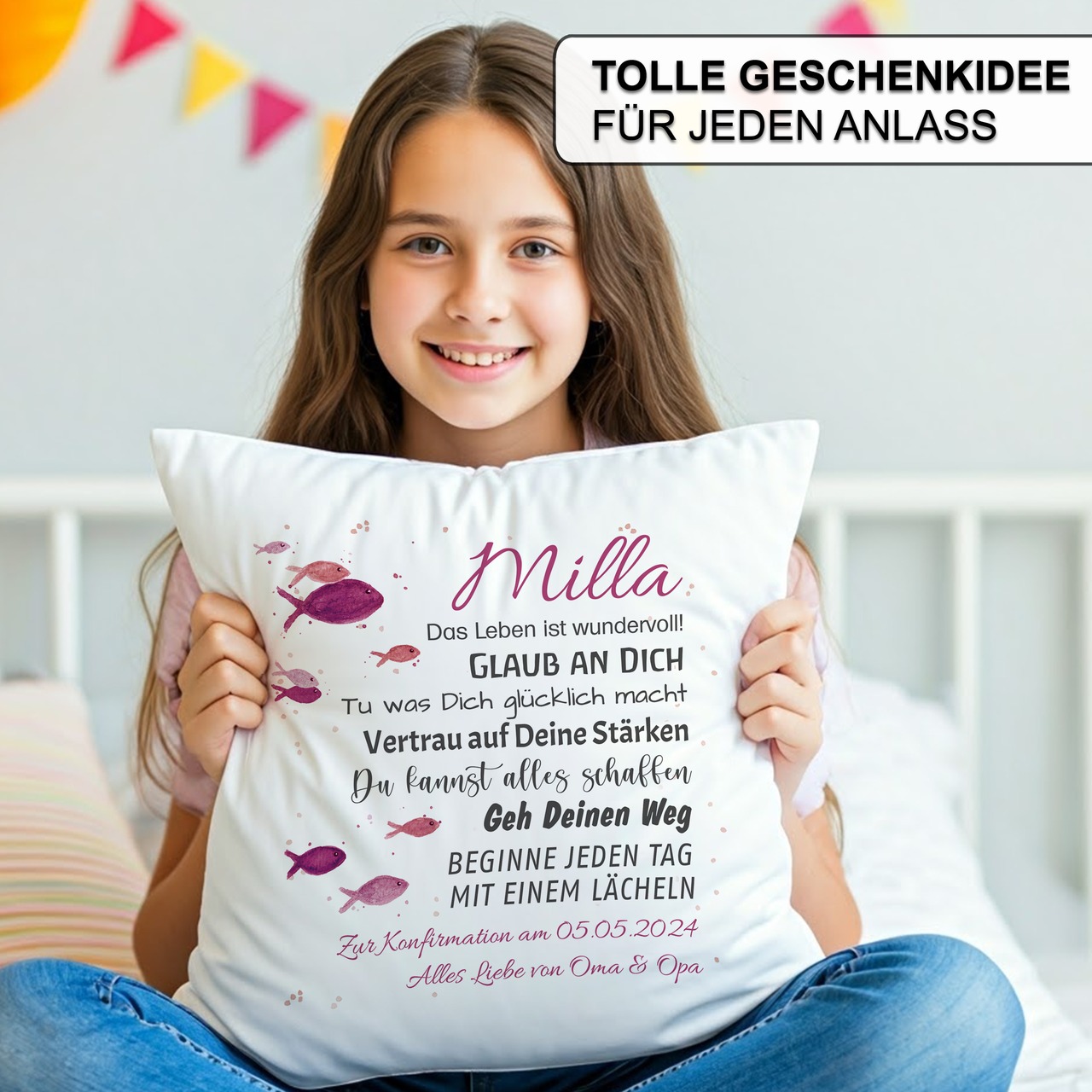 Unikatolo Kissen Konfirmation Jugendweihe PINK mit Name personalisiert