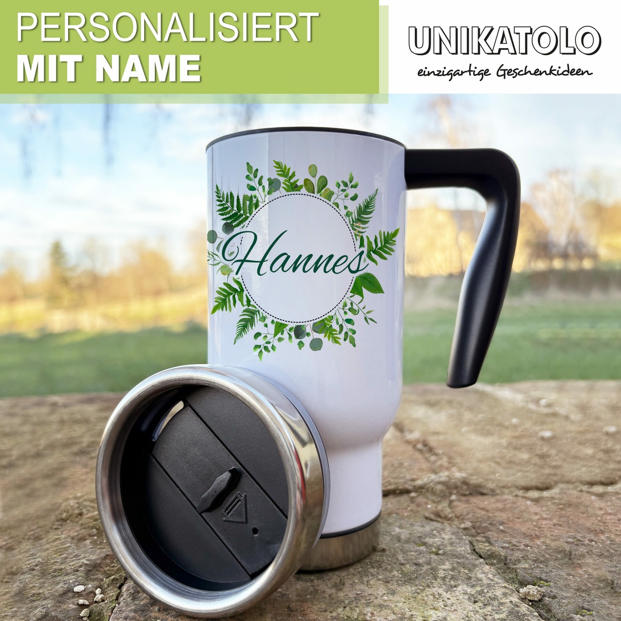 Unikatolo Thermobecher mit Name personalisiert | Blätter
