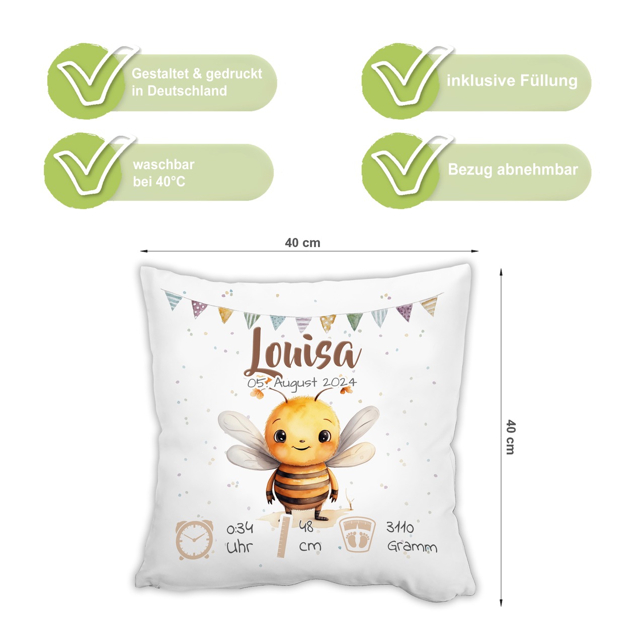 Personalisiertes Kissen zur Geburt mit Geburtsdaten | Biene
