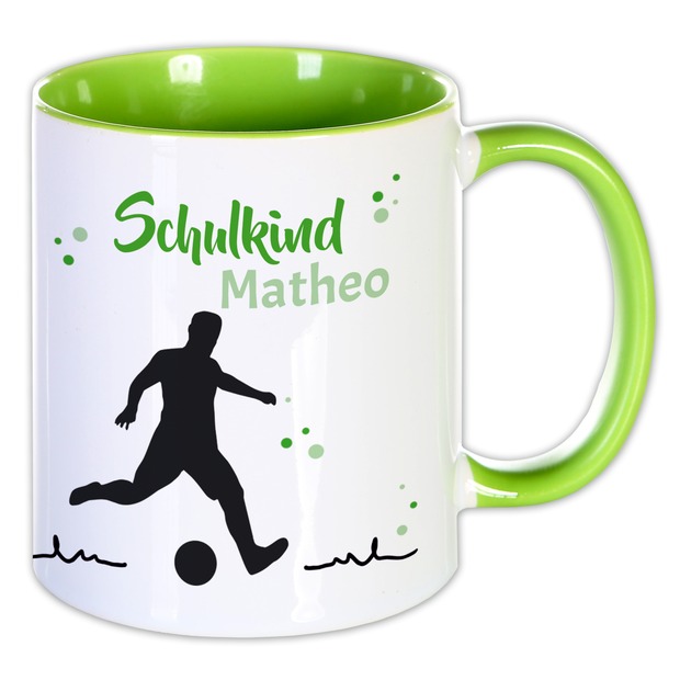 Unikatolo Tasse Schulkind Fußball mit Name bedruckt GRÜN