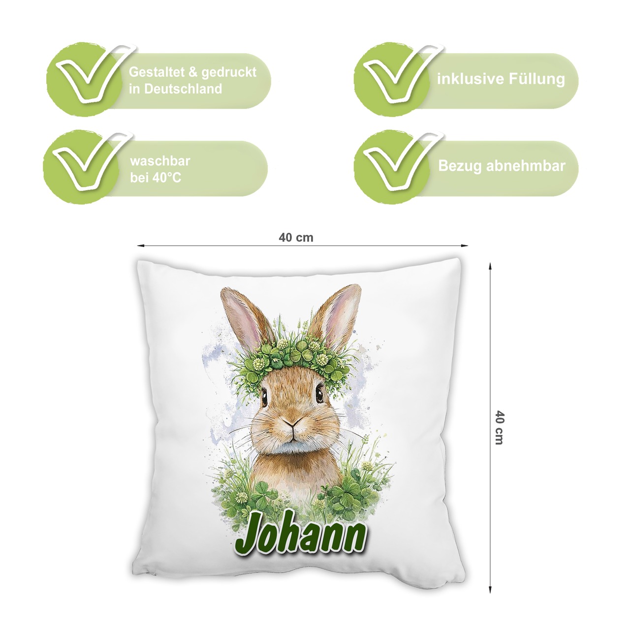 Personalisiertes Kissen mit Hase im Klee und Name bedruckt