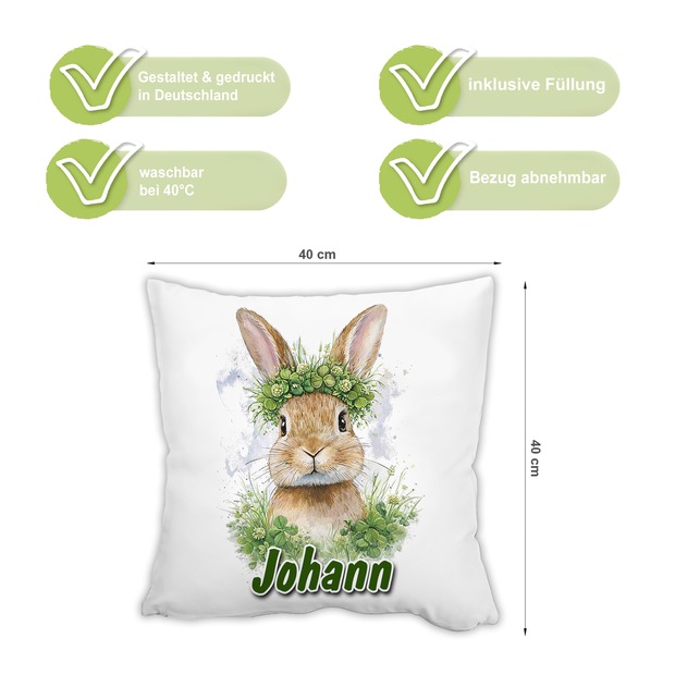 Personalisiertes Kissen mit Hase im Klee und Name bedruckt