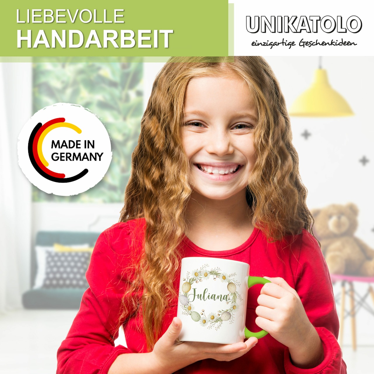 Unikatolo Ostertasse mit Name personalisiert Osterkranz