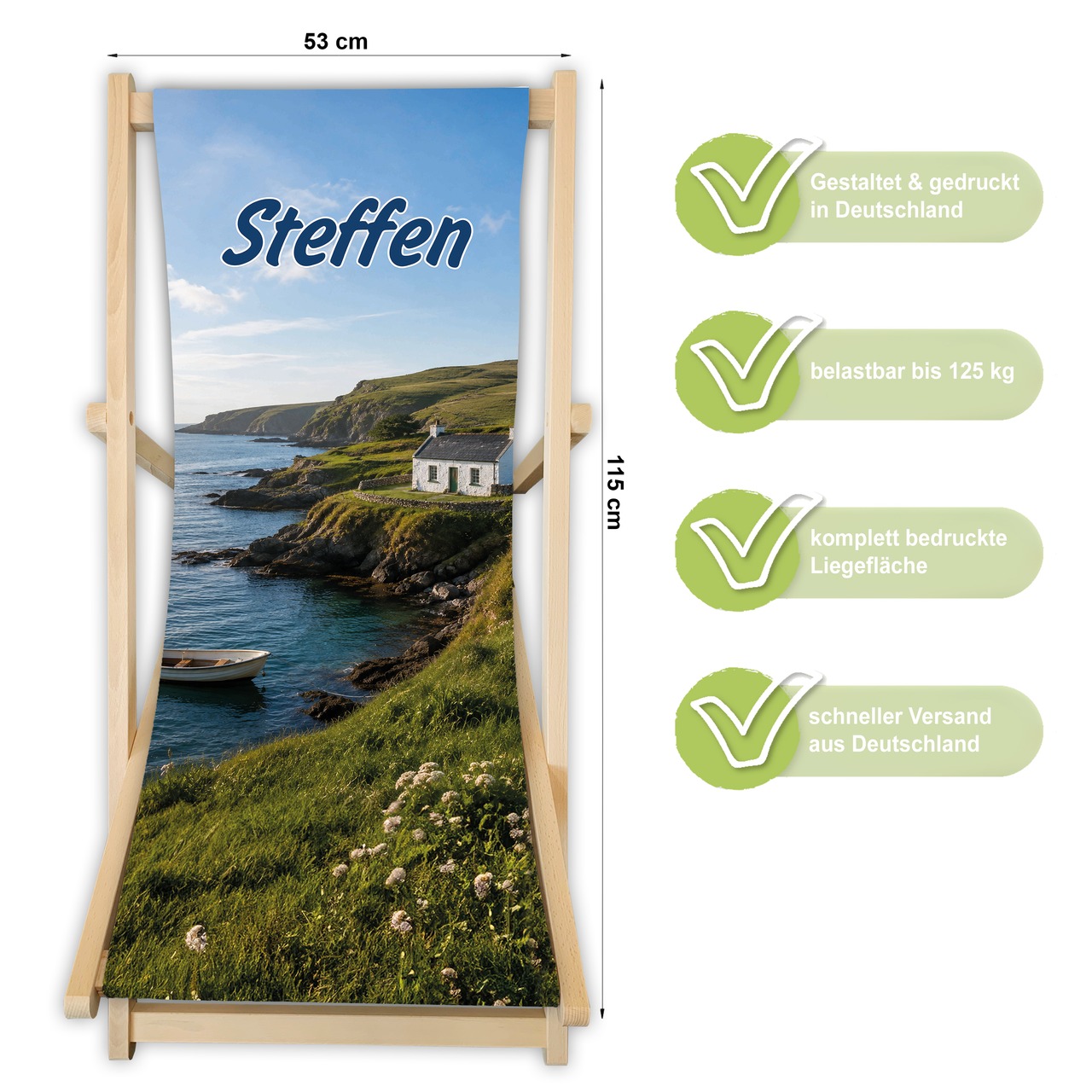 Unikatolo Liegestuhl mit Küstenmotiv und Name personalisiert | Irland
