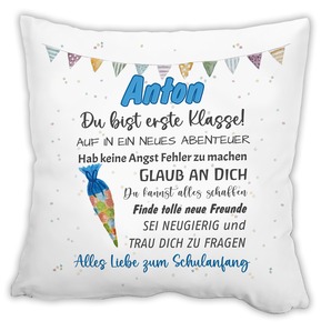 Unikatolo Kissen Schulkind blau mit Name personalisiert