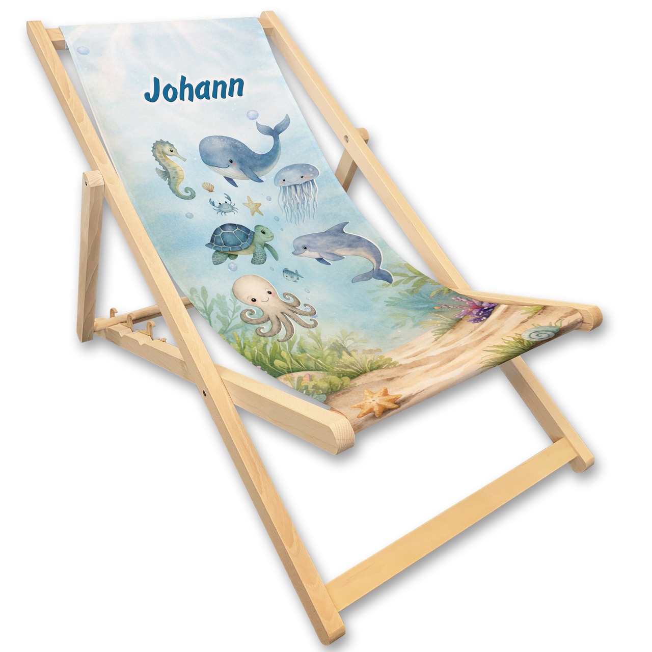 Kinderliegestuhl Unterwasserwelt mit Name personalisiert