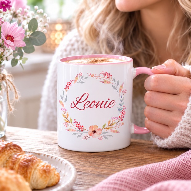 Unikatolo Tasse mit Name personalisiert Motiv Blumenranke ROSA