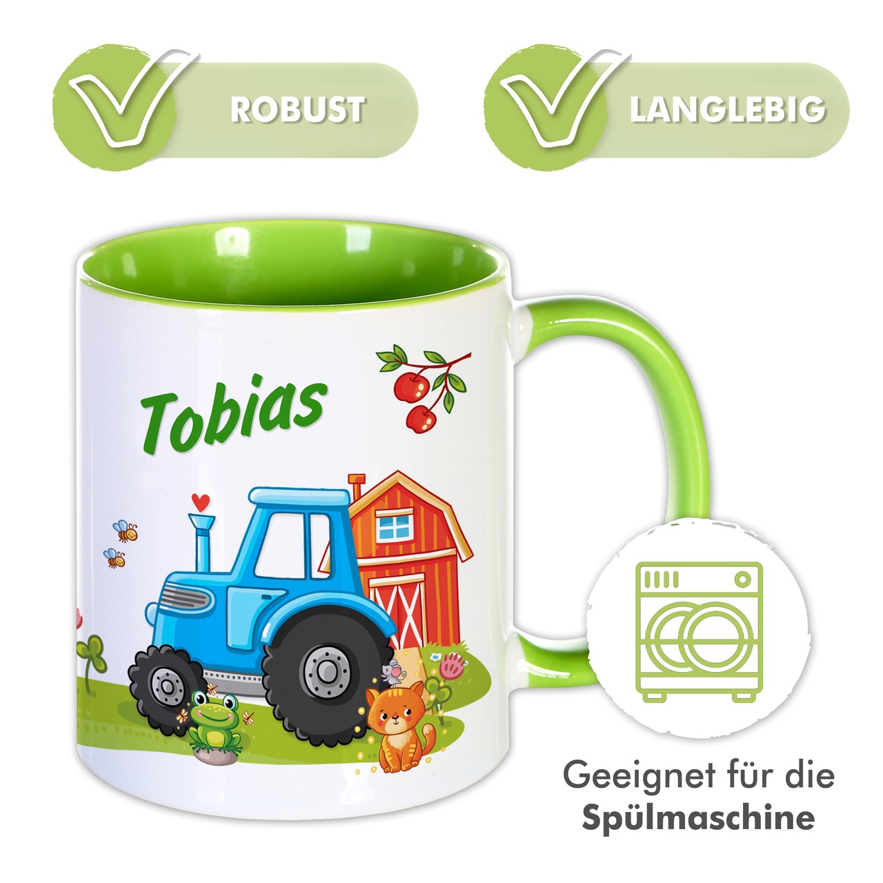 Unikatolo Tasse mit Name personalisiert Kinder Motiv Traktor GRÜN