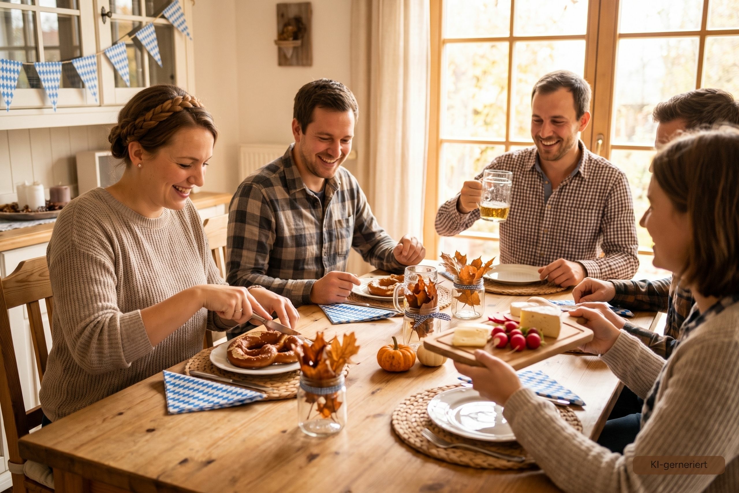 Freunde und Familie feiern eine gem&uuml;tliche Oktoberfest Party zu Hause mit Brezn, blau-wei&szlig;er Deko und rustikal gedecktem Tisch | &copy;geschenke-personalisiert.de