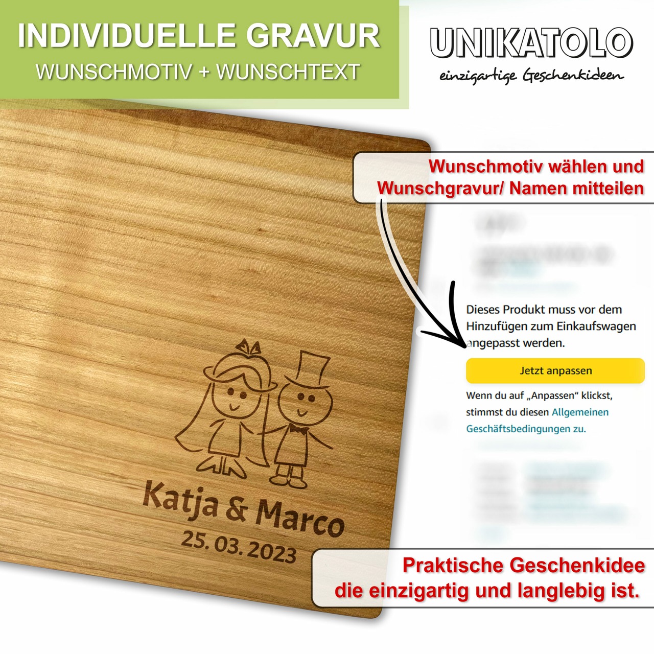 Unikatolo Herz Schneidebrett Kirschholz mit Name + Hochzeit