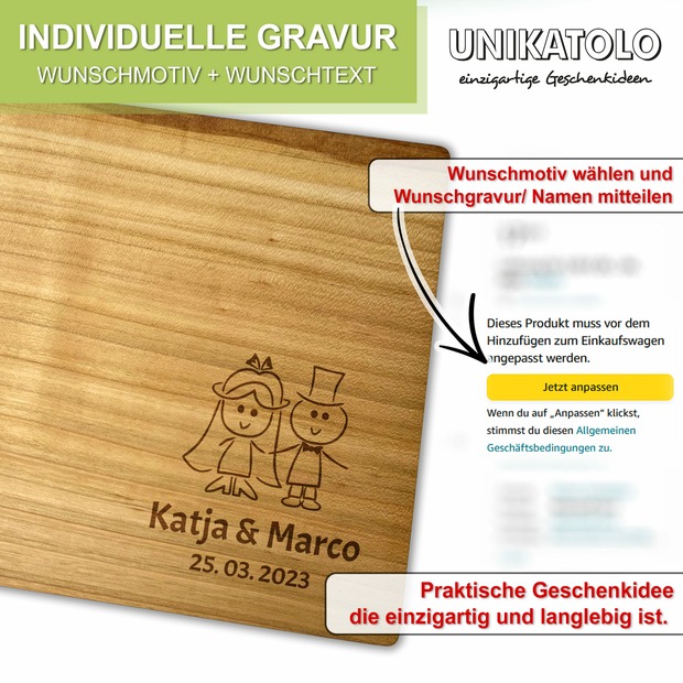 Unikatolo Herz Schneidebrett Kirschholz mit Name + Hochzeit