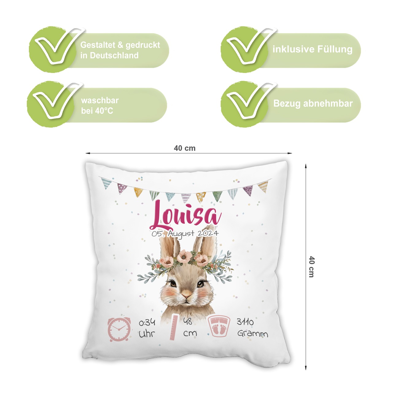 Personalisiertes Kissen zur Geburt mit Geburtsdaten | Hase