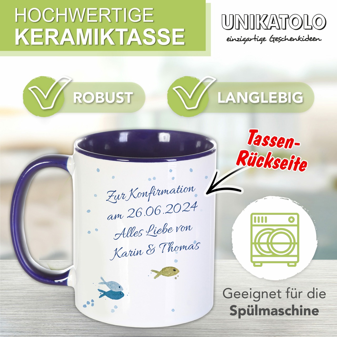 Unikatolo Tasse mit Name personalisiert Konfirmation | BLAU