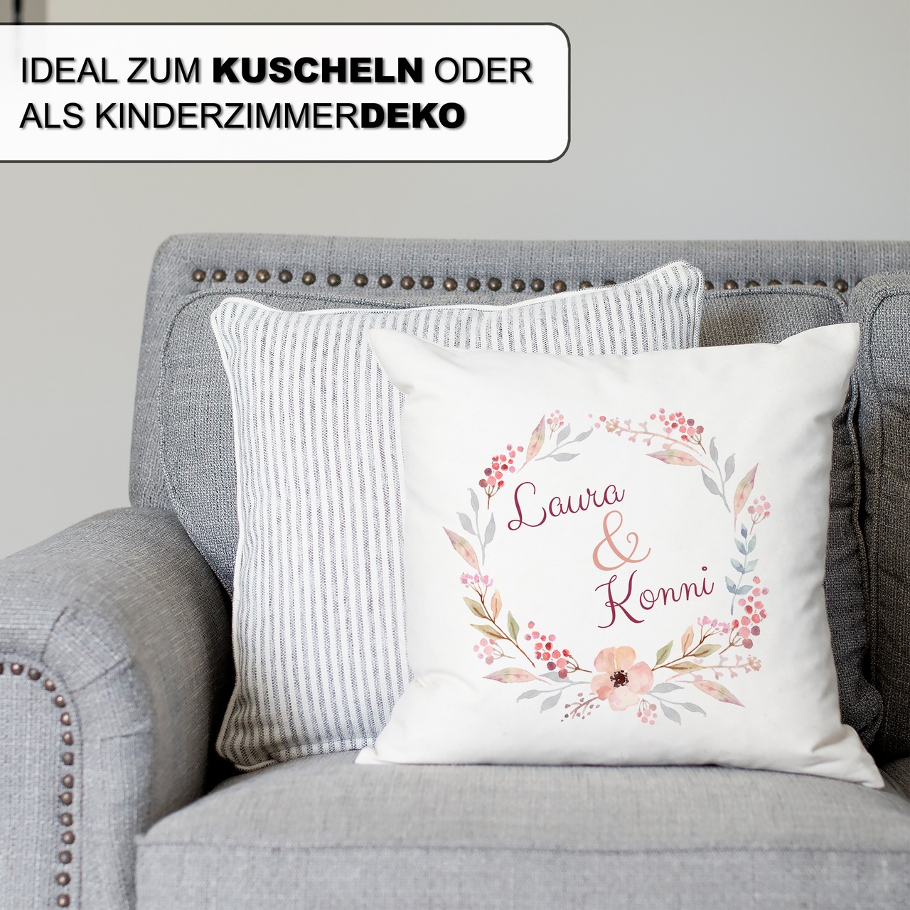 Unikatolo Kissen Motiv Blumenranke mit Name personalisiert