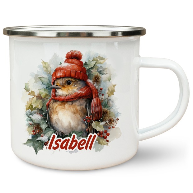 Unikatolo Emailletasse Vogel Winter personalisiert mit Name
