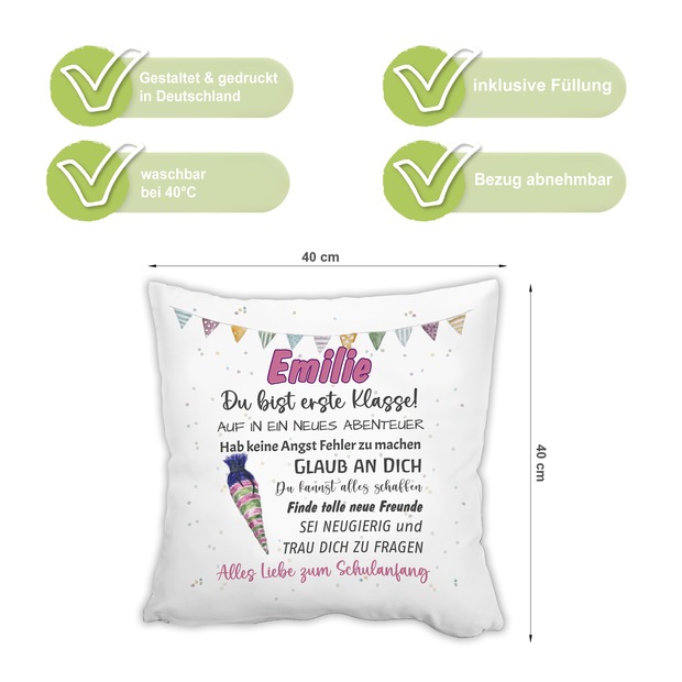Unikatolo Kissen Schulkind rosa mit Name personalisiert