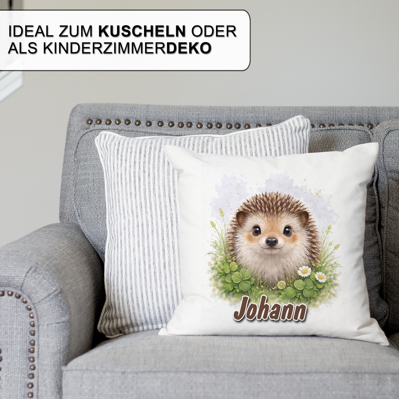 Personalisiertes Kissen mit Igel und Name bedruckt