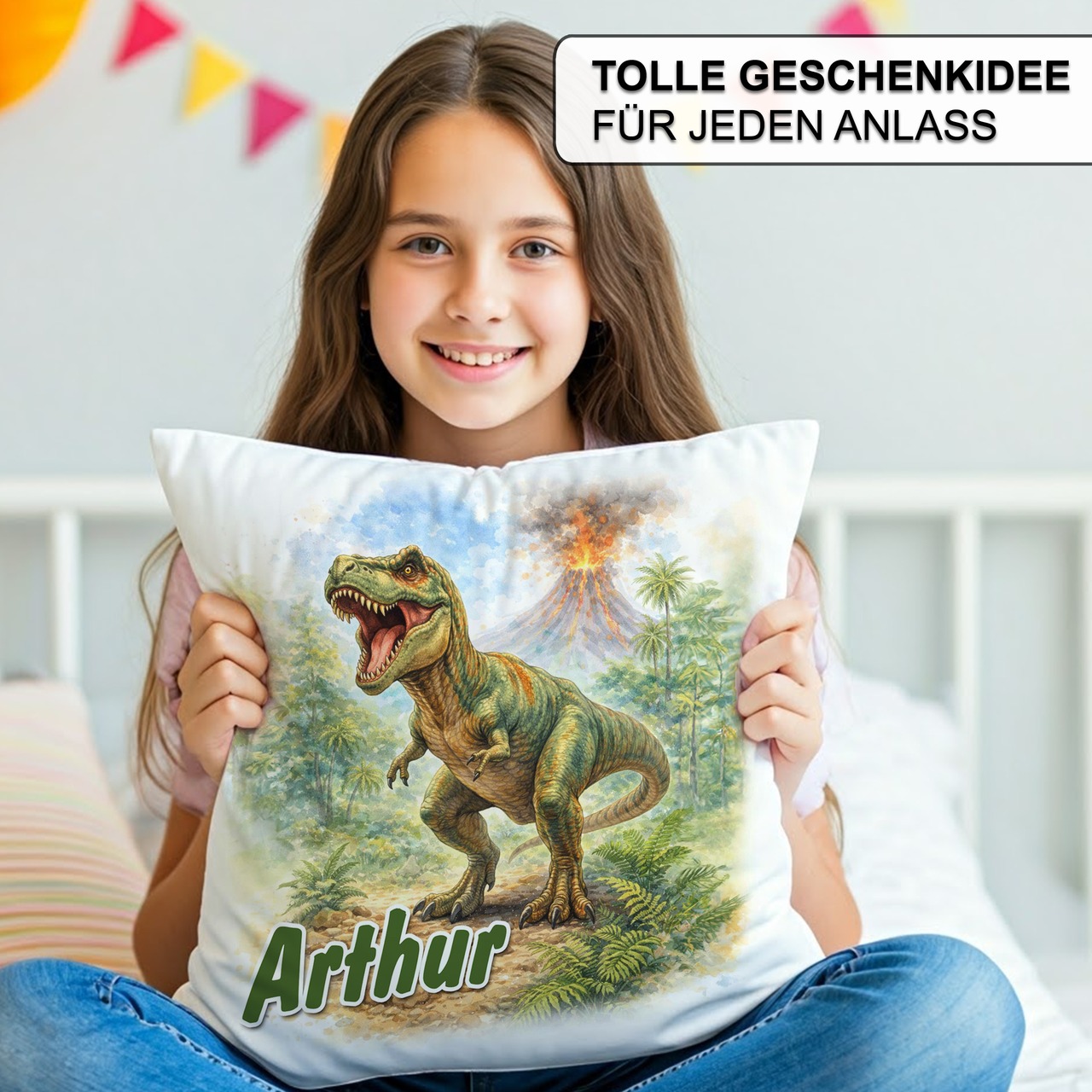 Personalisiertes Kissen mit T-Rex und Name bedruckt