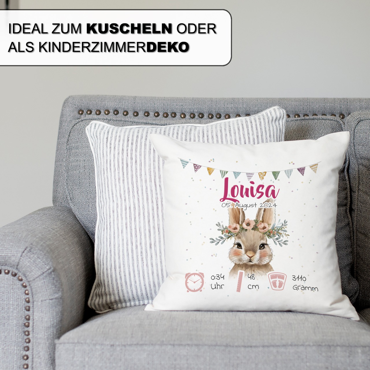 Personalisiertes Kissen zur Geburt mit Geburtsdaten | Hase
