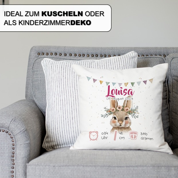 Personalisiertes Kissen zur Geburt mit Geburtsdaten | Hase