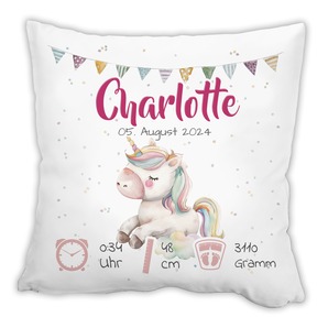Personalisiertes Kissen zur Geburt mit Geburtsdaten | Einhorn
