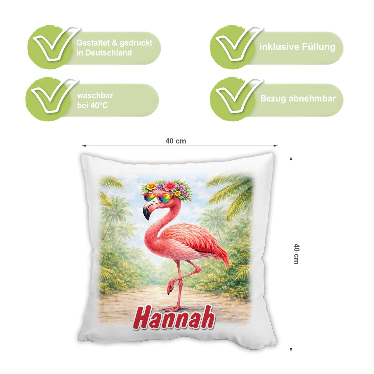 Personalisiertes Kissen mit Flamingo und Name bedruckt