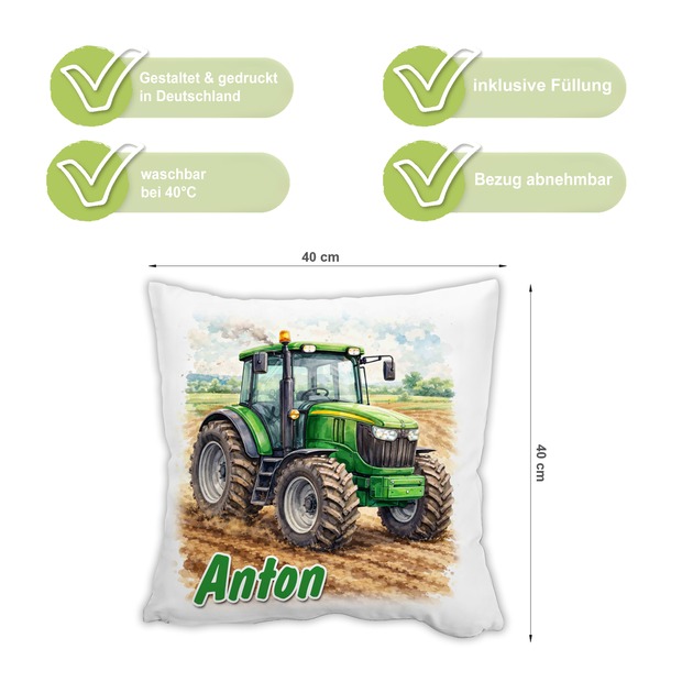 Personalisiertes Kissen mit Traktor und Name bedruckt