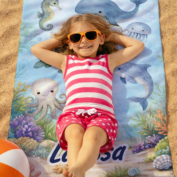 Unikatolo Kinder Handtuch Unterwasserwelt mit Name personalisiert
