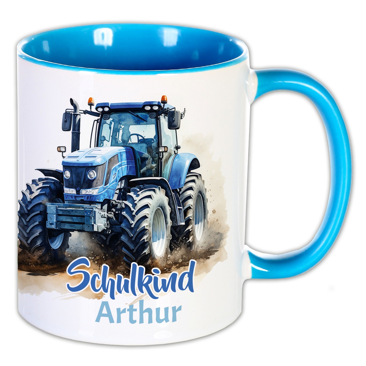 Unikatolo Tasse Schulkind Traktor und Name personalisiert BLAU