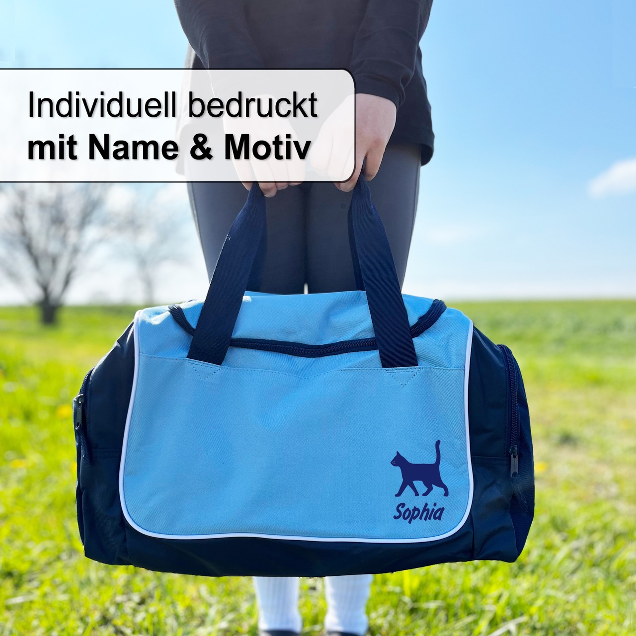 Unikatolo Sporttasche Katze mit Name personalisiert | blau