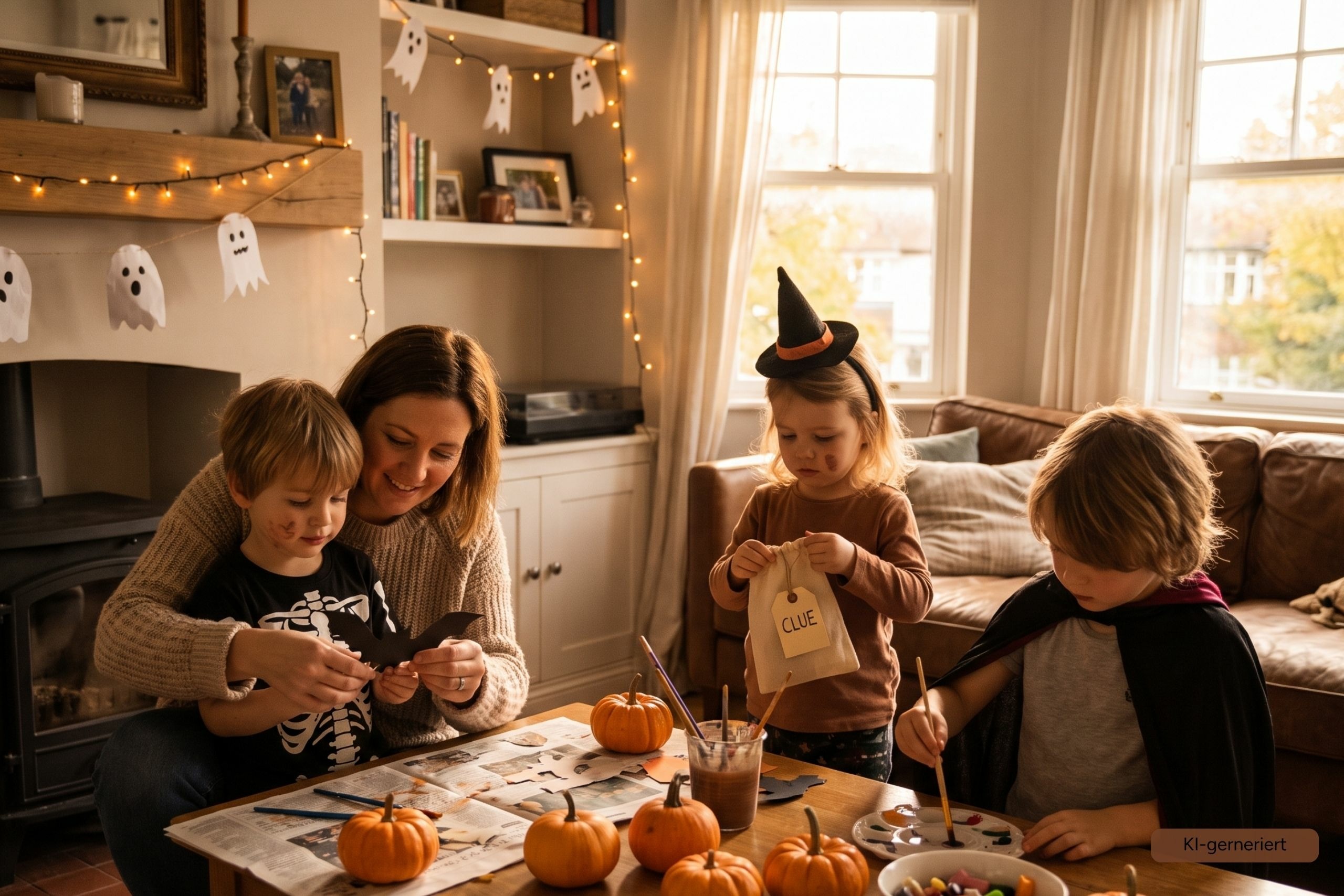 Familie bei einer gem&uuml;tlichen Halloweenparty mit K&uuml;rbisbemalen, Basteln und kleinen Halloween-&Uuml;berraschungen | &copy;geschenke-personalisiert.de